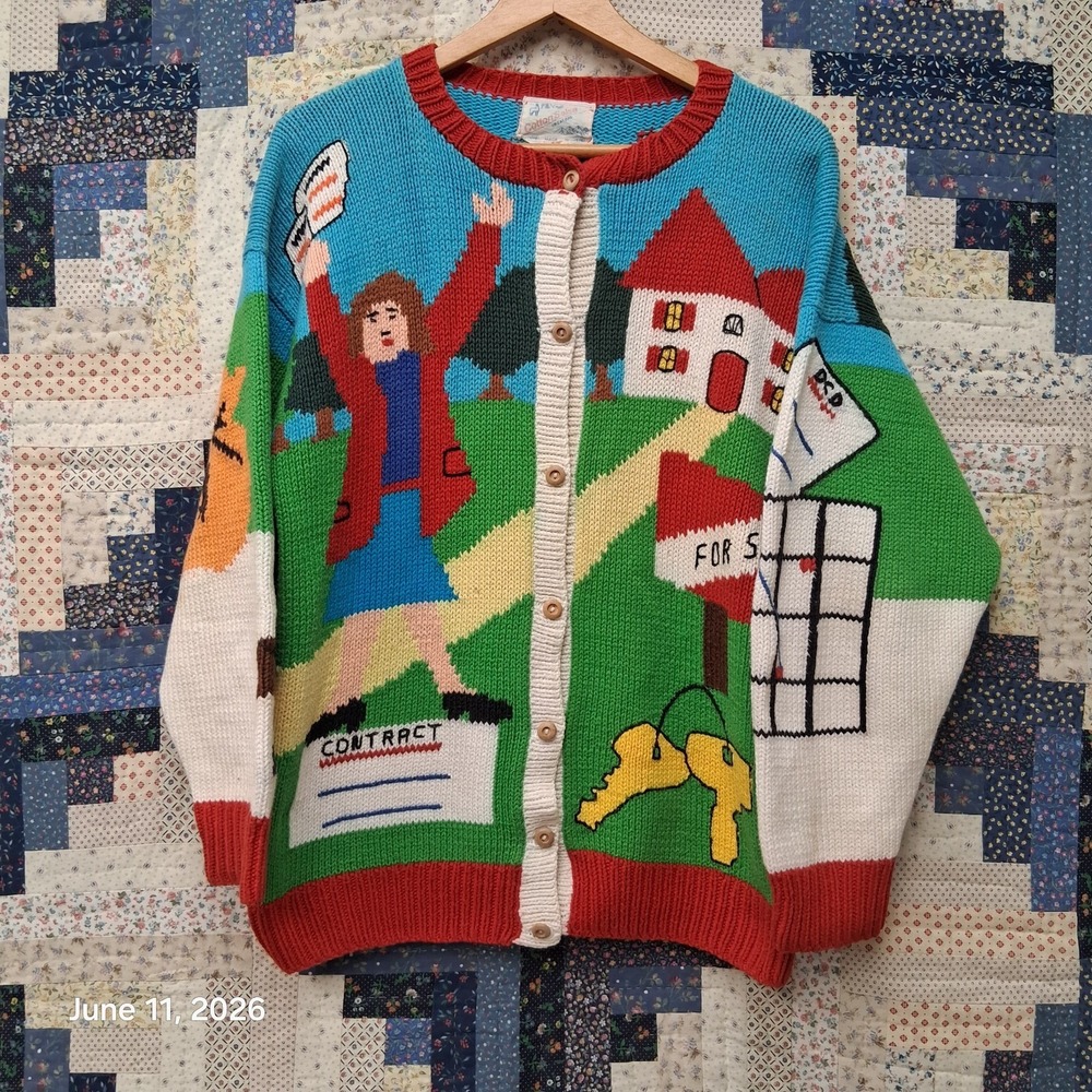 Vintage‎ Cotton Salsa Novelty Cardigan Sweater Real Estate Realtor Hand Made
